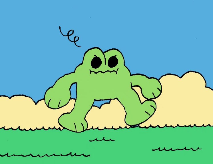 Fang walking with a confused squiggle above his head, clouds in the background