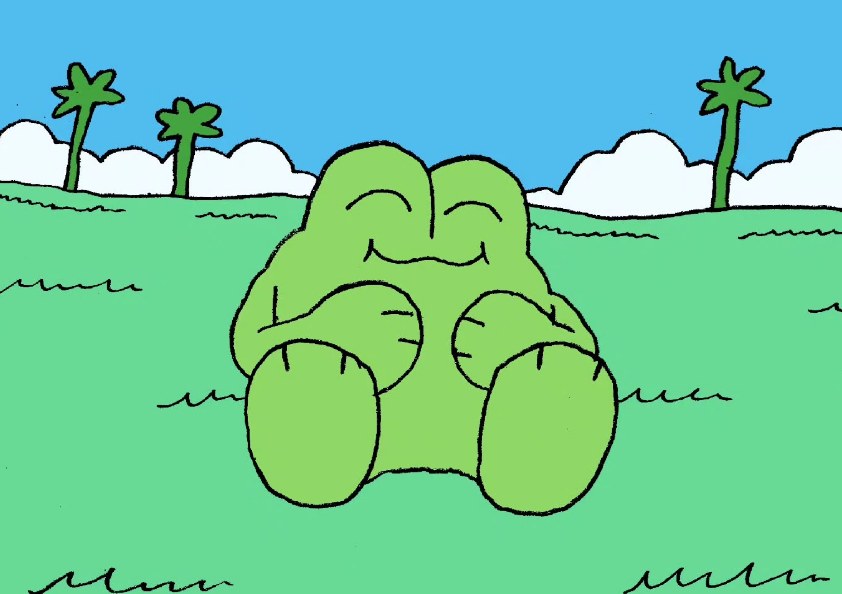 Fang hugging himself with eyes closed and a content smile, palm trees behind