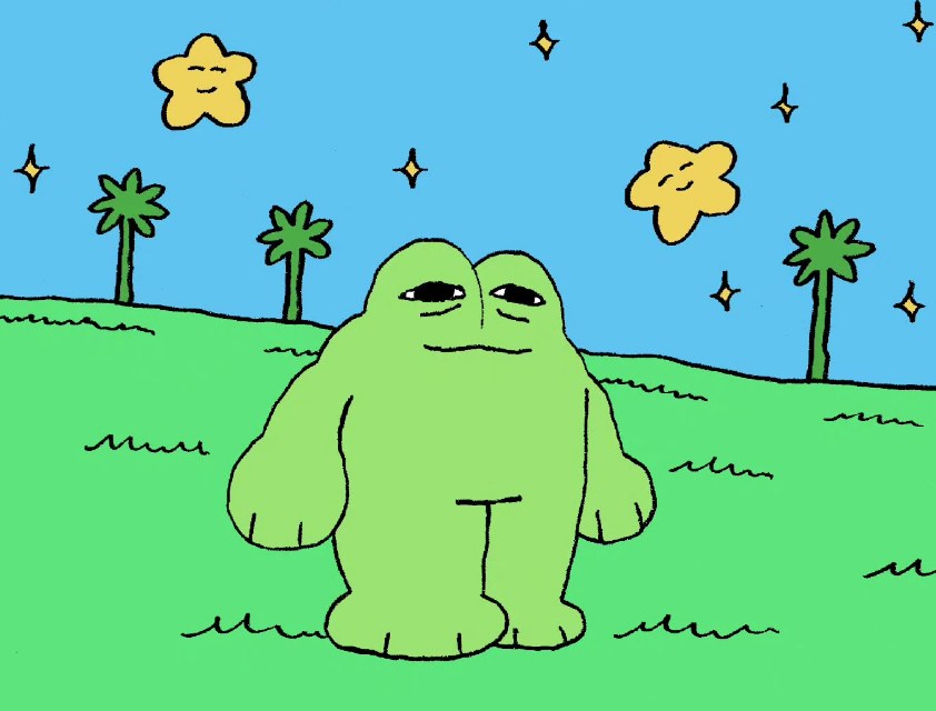 Fang standing under a starry night sky with smiling star and moon characters and palm trees